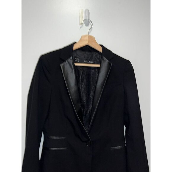 Zara Basic Black Single-Button Satin Lapels & Faux Leather Trim Women's Blazer S - Picture 2 of 8